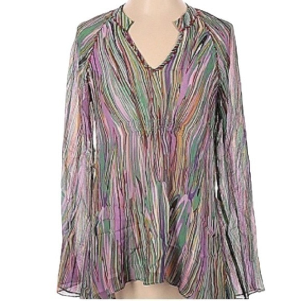 Sundance Multistripe V-Neck Long Sleeve Blouse in Pastel Hues